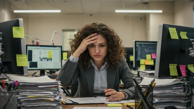 A stressed young businesswoman is overwhelmed by paperwork at her cluttered office desk.