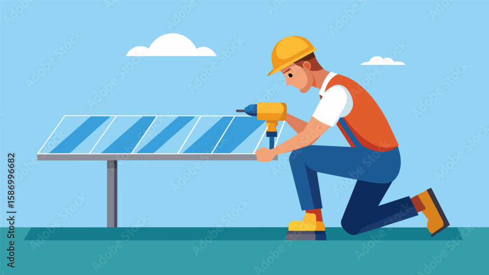 Poster a worker using a drill to secure support beams for the solar panels on top of a flat roof.. vector i