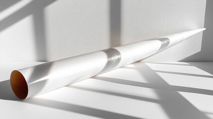 Minimalist still life featuring a white paper cone casting shadows on a white surface