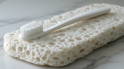 Minimalist White Toothbrush Resting on a Natural Sea Sponge for Dental Hygiene