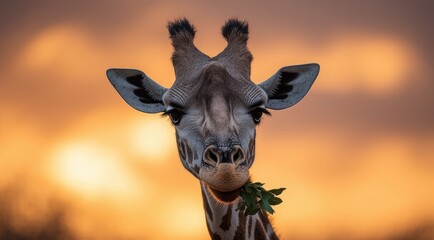 Fototapeta premium Giraffe portrait with leaves at sunset in natural setting