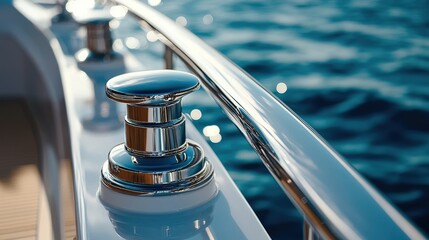 Polished stainless steel boat railing with mooring winches.