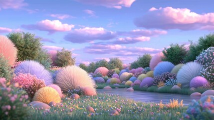 dreamy 3d landscape in pastel tones with sunny lighting and nature