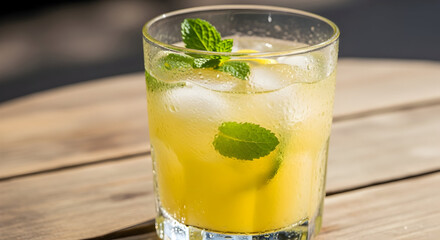 Fototapeta premium Refreshing Drink Sits on Table with Ice Cubes and Mint Leaves in Summer Day