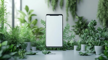Modern smartphone mockup surrounded by vibrant green plants evokes nature technology