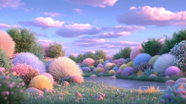 dreamy 3d landscape in pastel tones with sunny lighting and nature