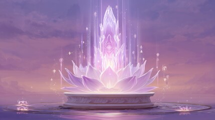 violet flame rising from marble lotus with glowing symbols at dawn