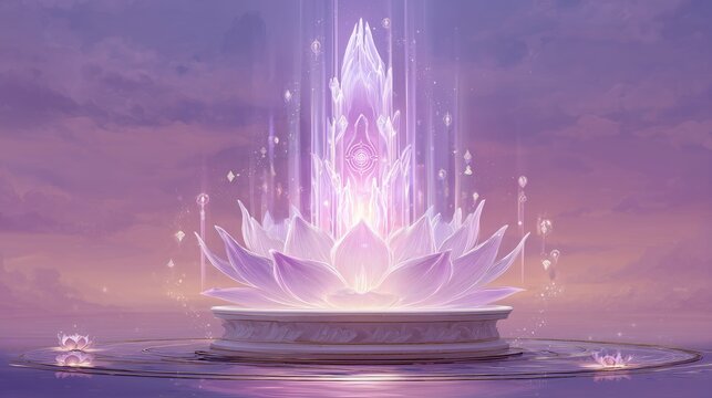 violet flame rising from marble lotus with glowing symbols at dawn