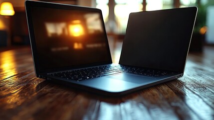 Modern Workspace Featuring Two Sleek Laptops on a Rustic Wooden Tabletop Surface