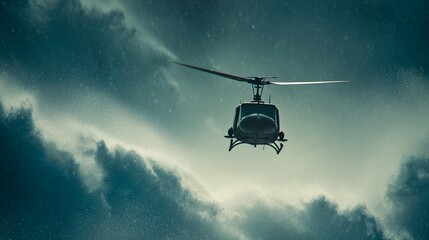 close up helicopter in sky with massive ocean waves cinematic style