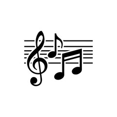 Black  white image features a treble clef musical notes and staff lines in an ensemble