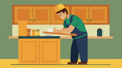 One carpenter carefully measures and s wooden boards to create custom cabinetry for the kitchen of the house.. Vector illustration