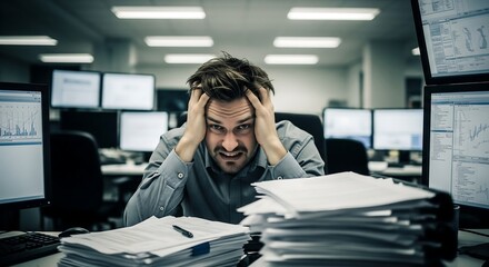 A man at his work desk surrounded by papers and screens, holding his head in frustration, with visible stress and burnout on his face, office background blurred.