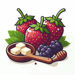 Berries sugar cubes  honey dipper Three strawberries two blackberries wooden spoon of sugar cubes  honey dipper