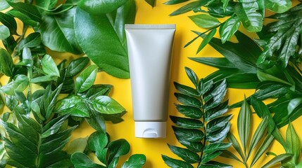 Natural Beauty Product Display with Green Leaves and Vibrant Yellow Background Minimalist