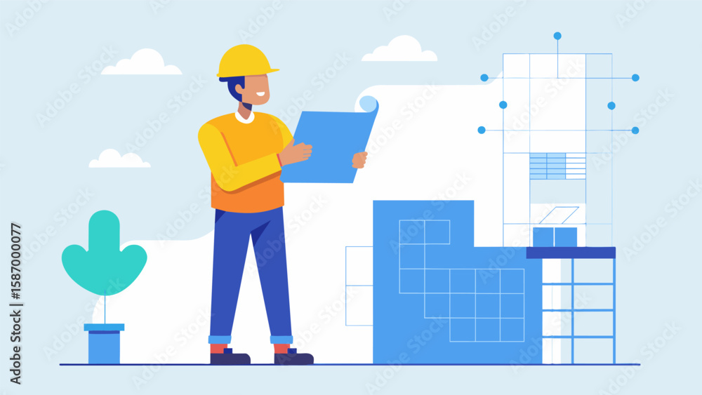 Poster the worker gazes confidently at the blueprints visualizing the finished structure and putting into a