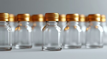 Pharmaceutical glass bottle array with golden caps: Health and medicine concept