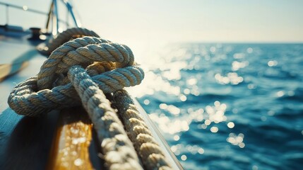 Fototapeta premium Close-up view of nautical rope knot on a boat's deck.