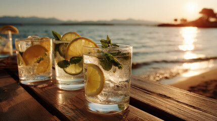 capture refreshing beverage scene featuring vibrant cocktails and lemonades adorned with bright fruits and ice set