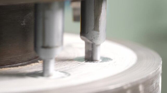 Close-up of a stainless steel pharmaceutical machine applying compressive force to raw medicine or vitamin powder, pressing it into solid tablets inside a cleanroom.