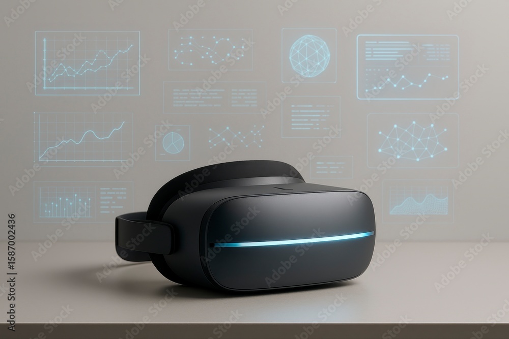 Poster virtual reality headset displays innovative digital interfaces and graphics for immersive experience