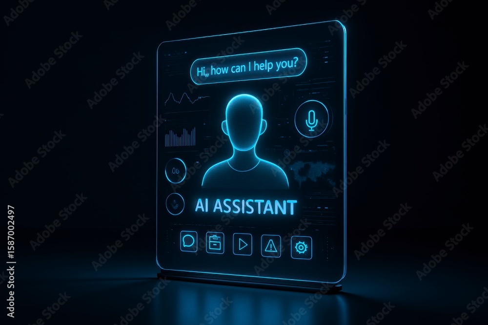 Poster digital representation of a glowing ai assistant interface on a screen in a modern futuristic style