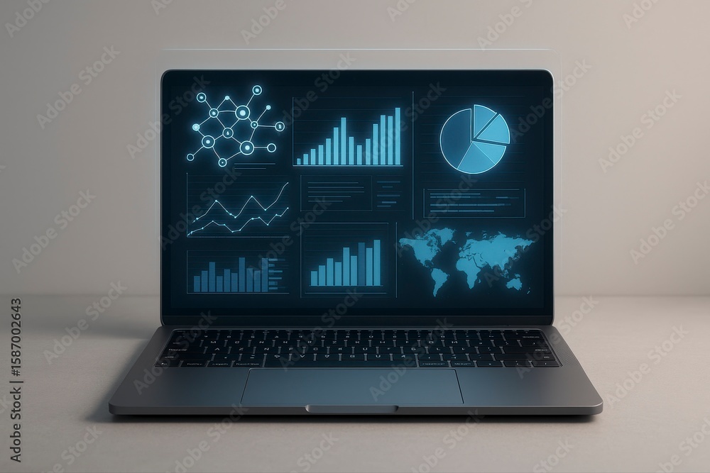 Poster modern laptop displaying data analytics charts, graphs, and global insights for business strategy on