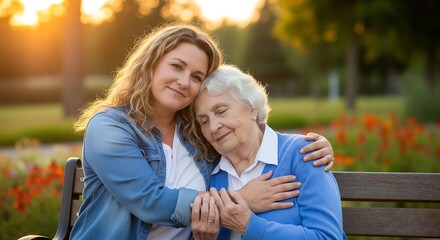 Naklejka premium Adult daughter and elderly mom hugging on a park bench, golden hour lighting — multigenerational love.