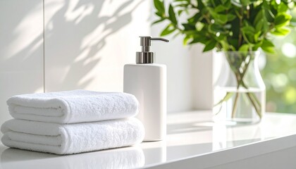 White towels and soap dispenser on bathroom counter with natural light