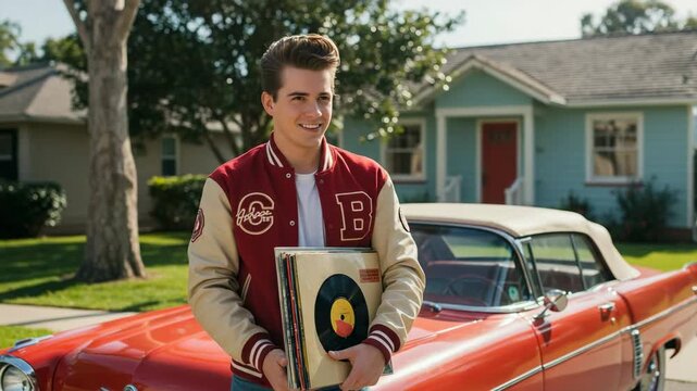 Happy young man in a retro varsity jacket holding vinyl records. Caucasian teenager standing by a classic red convertible car in a suburban neighborhood.