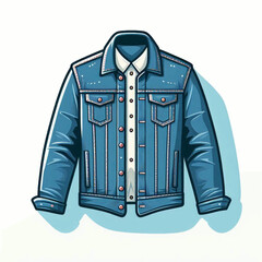 Cartoon denim jacket over a collared shirt with pockets buttons seam details  a blue drop shadow