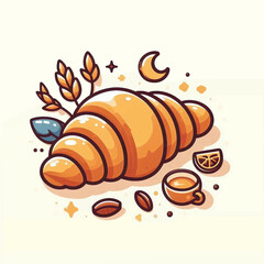 Cartoon croissant with coffee wheat and lemon slice on a white background