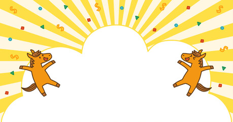 2026年 午年 年末年始 セール バナー 馬のキャラクターと紙吹雪の背景（余白あり）