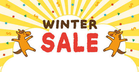 2026年 午年 年末年始 セール バナー  馬のキャラクターと紙吹雪の背景