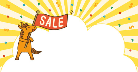 2026年 午年 年末年始 セール バナー 馬のキャラクターと紙吹雪の背景（余白あり）