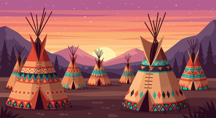 Native American Teepees at Sunset Landscape