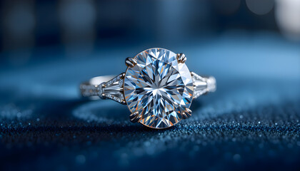 Fototapeta premium Diamond ring resting on top of soft blue fabric, showcasing luxurious jewelry with sparkling gemstone and elegant presentation in close-up view