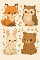 A fox, an owl, a rabbit, and a bear are all sitting next to each other