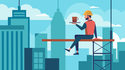 A worker perched atop a partiallybuilt scaffold taking a break and looking out over the city skyline while enjoying a cup of coffee.. Vector illustration