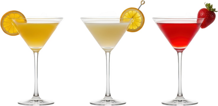 Three colorful martinis garnished with citrus slices and strawberry isolate