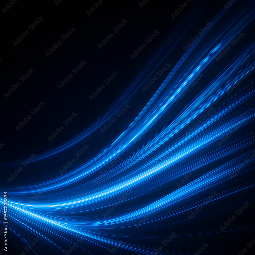 Poster a dynamic abstract background features luminous blue light trails curving gracefully across a dark, 