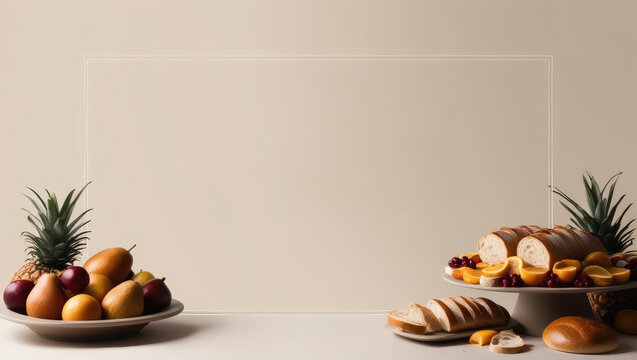 Festive Feast Table with Fruit and Bread Abundance for Celebratory Background