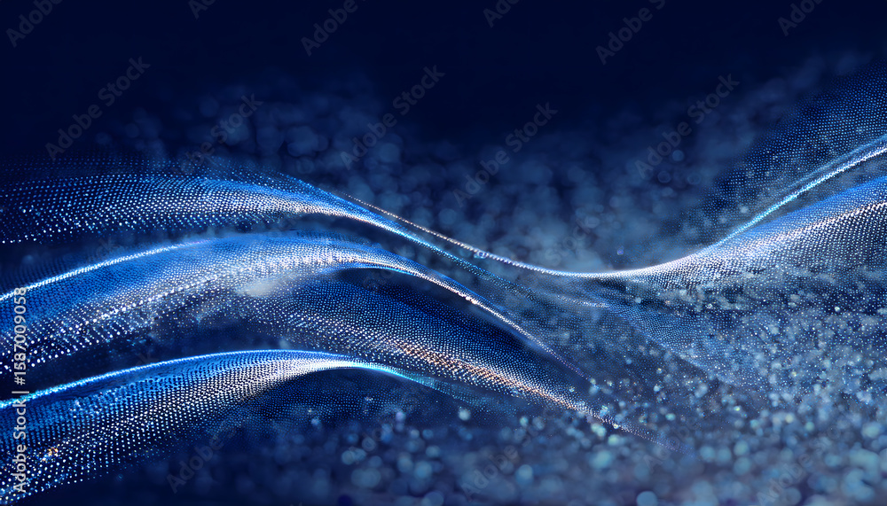 Poster a flowing abstract design of luminous blue and white particles creates dynamic, wave-like patterns a