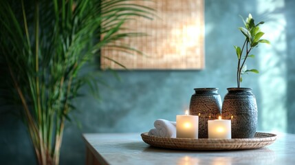 serene spa arrangement capturing tranquil moments with candles, rolled towels, and decorative vases, reflecting a calming atmosphere perfect for wellness and relaxation settings