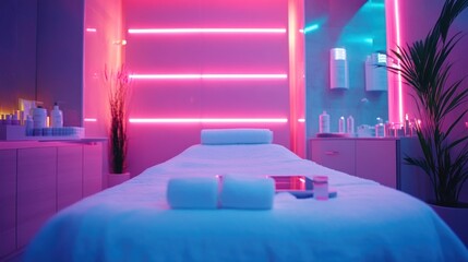 serene ambiance of a modern spa treatment room illuminated by soft neon lights creating a tranquil and inviting atmosphere for relaxation and rejuvenation