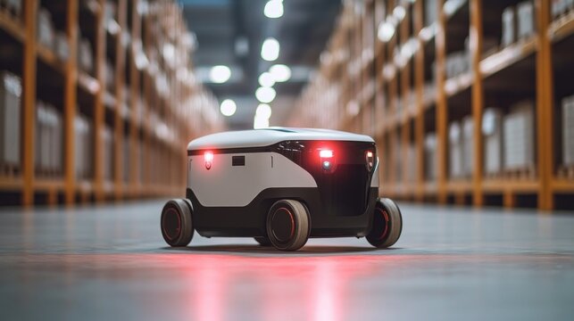 autonomous mobile robot navigating warehouse aisles offers a glimpse into the future of logistics showcasing automation and efficiency in inventory management and order fulfillment processes