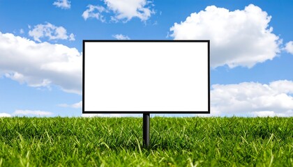 Blank billboard in grassy field under blue sky