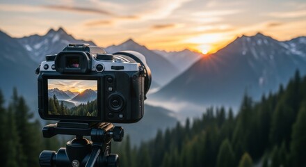 Retro digital DSLR camera equipment on a mountain capturing a vivid sunset landscape photo