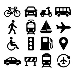 Mobility and Transportation Icon Set – Solid Black Transport Symbols in Minimalist Style