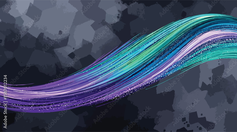 Poster abstract swirl of colorful lines and particles over a dark background with texture.